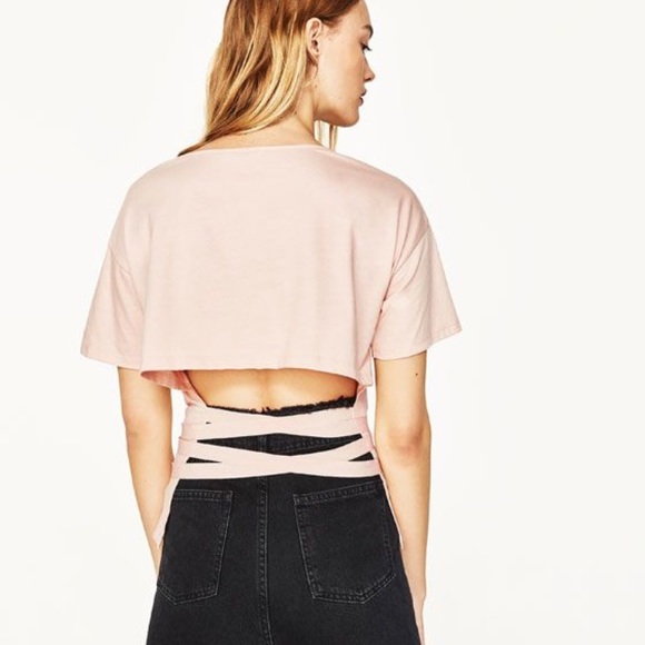 Zara Tops - Zara t-shirt with wrap around ribbons pink